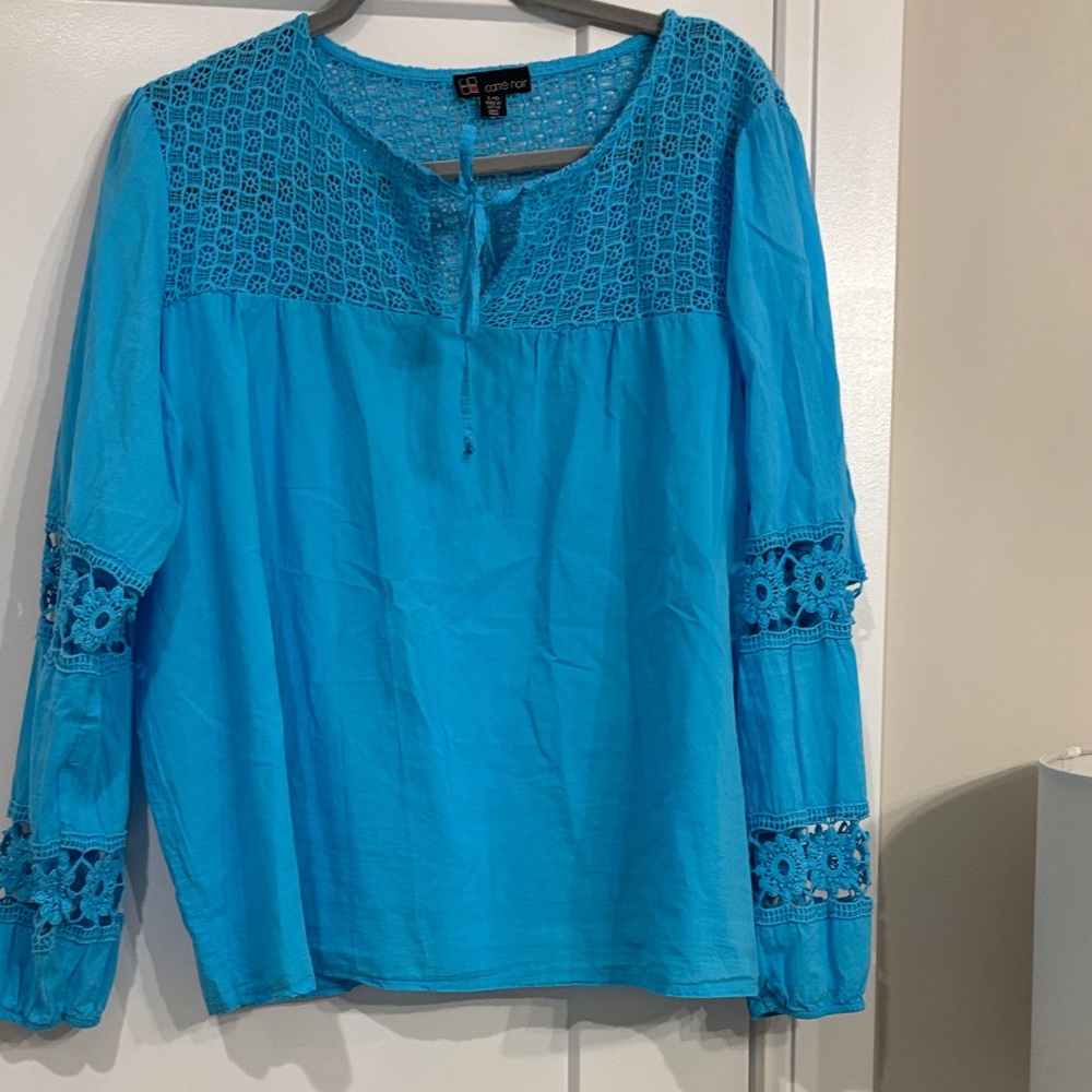 Turquoise Crochet Yoke Peasant Top